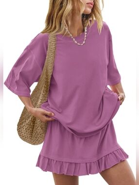 Casual Lilac Ruffle Hem Skirt And  Soft Tee Top